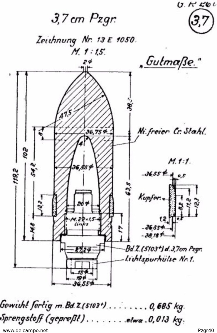 Inert German 37mm Panzergranate obus antichar Pak Kwk KPS