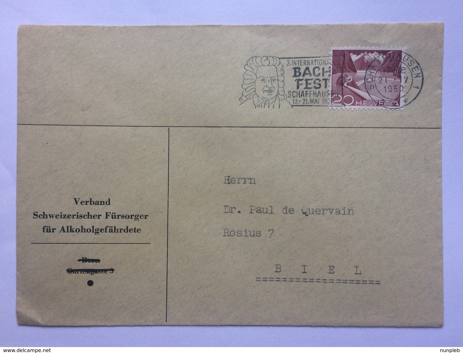 SWITZERLAND 1950 Cover Schaffhausen To Biel With Bach Fest Slogan Postmark Schaffhausen - Covers & Documents