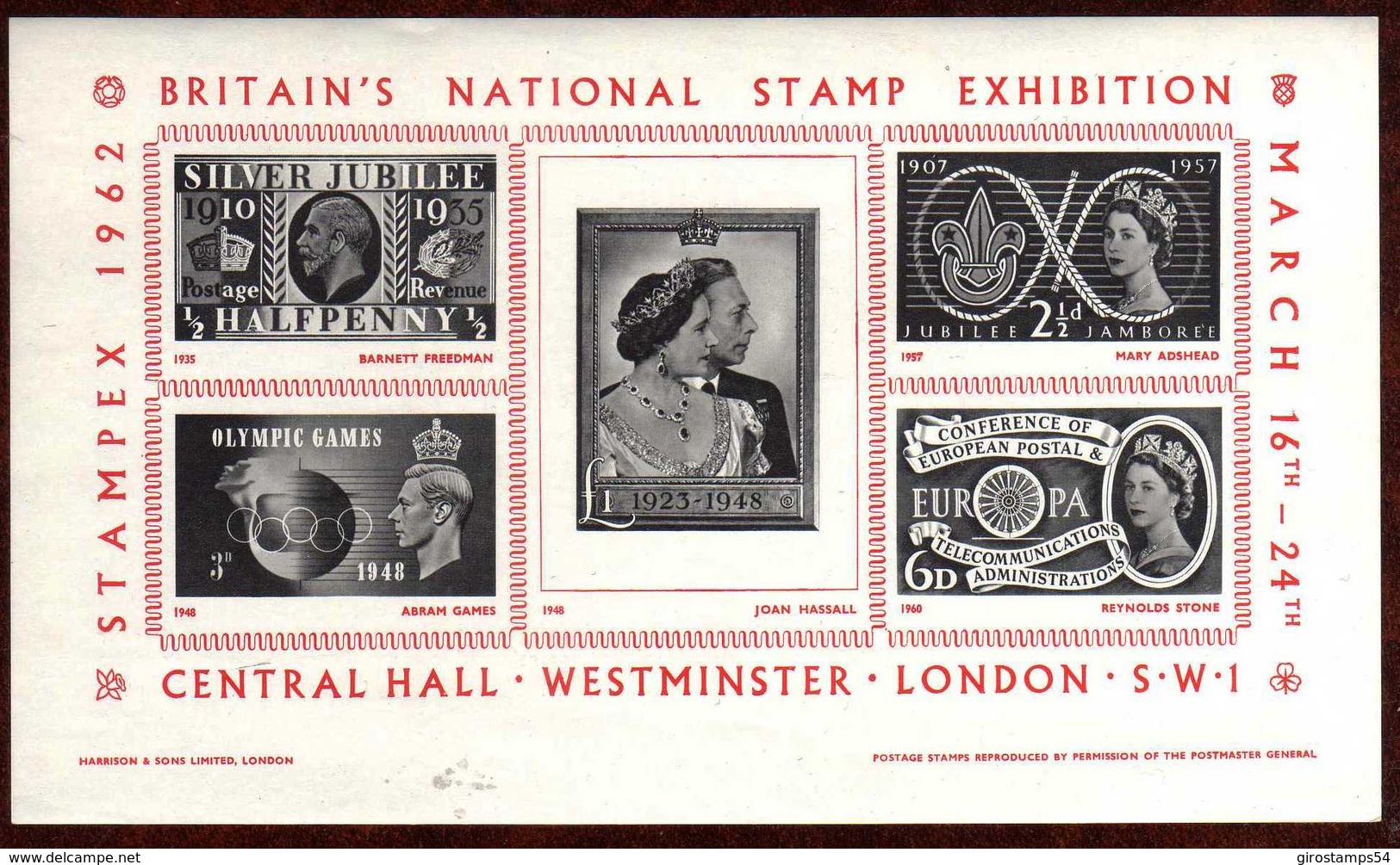 GIROSTAMPS54.- STAMPEX 1962 BRITAIN'S NATIONAL STAMPS EXHIBITIÓN - CENTRAL HALL . WESTMINSTER LONDON S.W.1 - Hojas Bloque