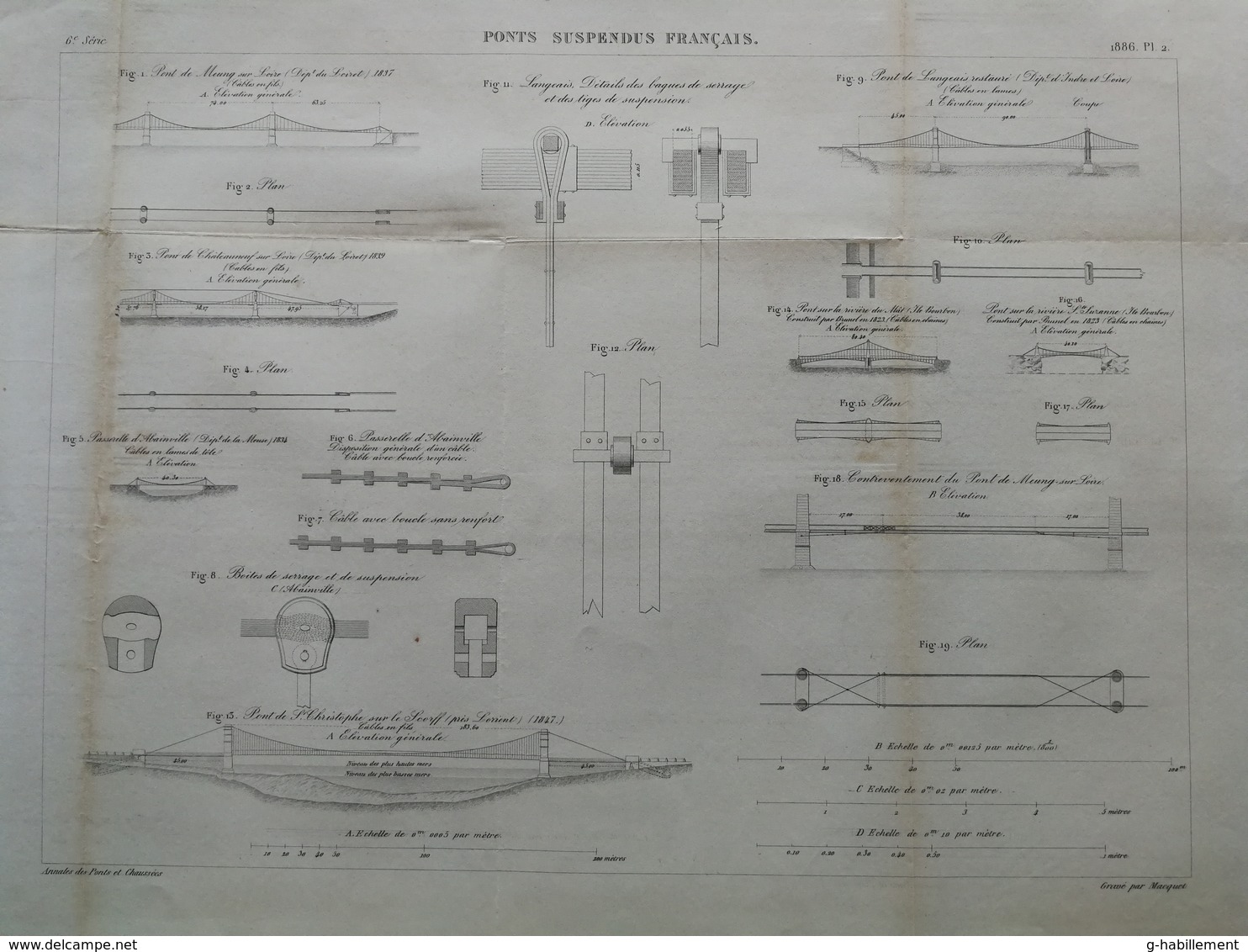 ANNALES DES PONTS Et CHAUSSEES - Ponts Suspendus Français - Gravé Par Macquet - 1886 (CLE33) - Travaux Publics