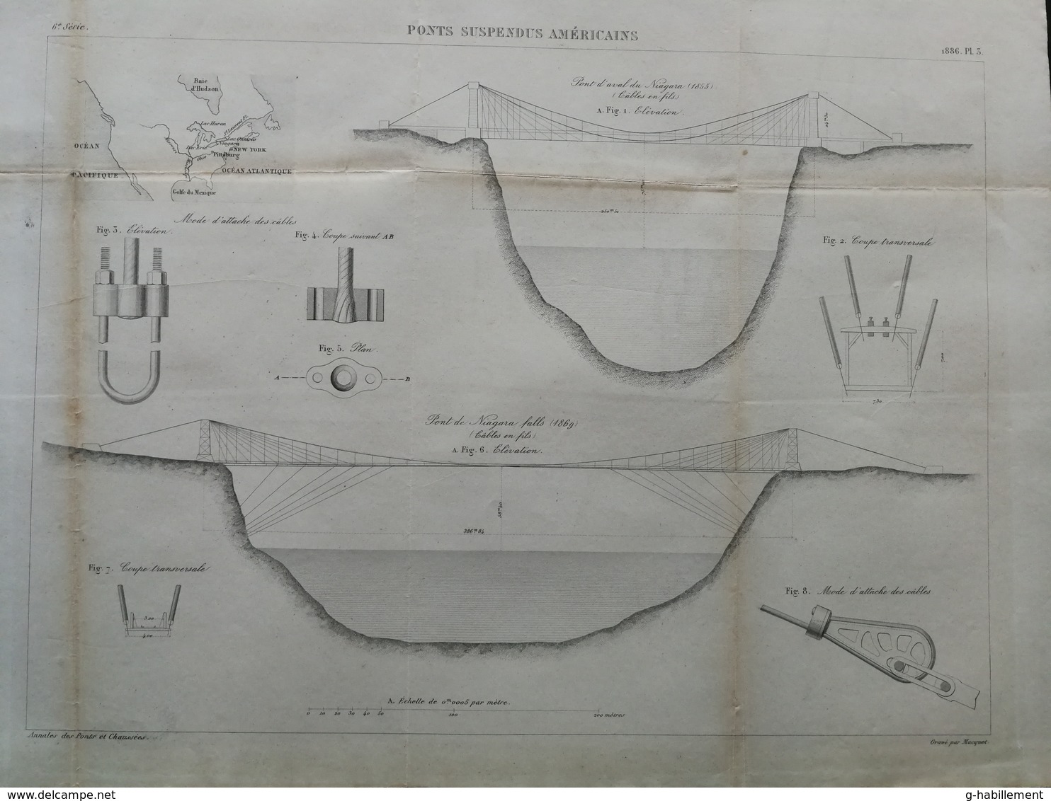 ANNALES DES PONTS Et CHAUSSEES (USA) - Ponts Suspendus Américains - Gravé Par Macquet - 1886 (CLE34) - Travaux Publics