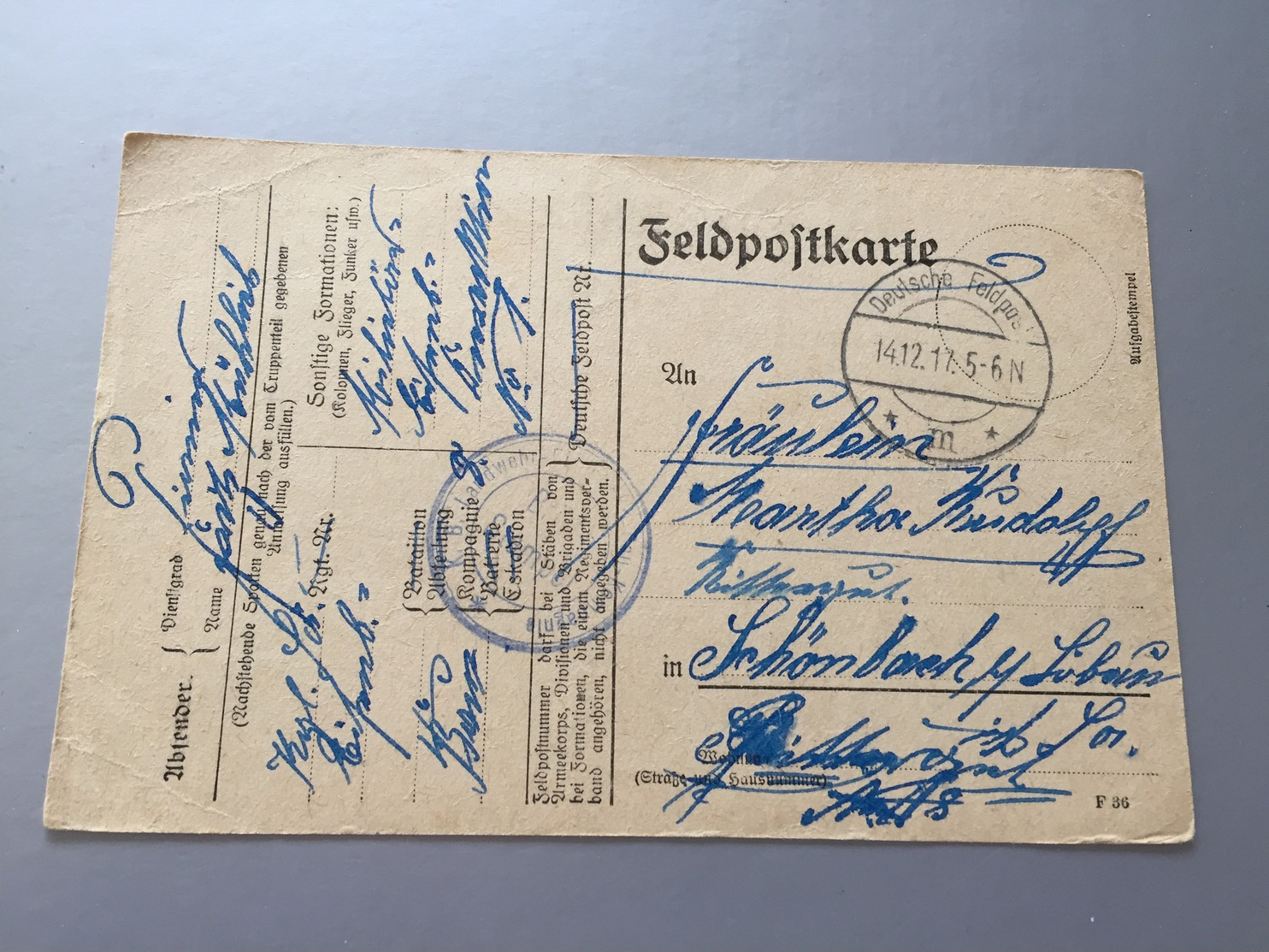 Feldpost 1.WK  1917 K.B. LANDWEHR EISENBAHN BAU KOMP.  Absender No 8 - Covers & Documents