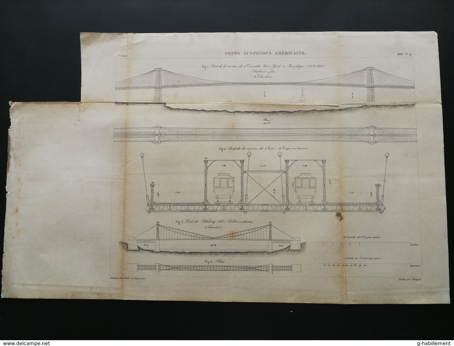 ANNALES DES PONTS Et CHAUSSEES (USA) - Ponts Suspendus Américains - Gravé Par Macquet - 1886 (CLE35) - Public Works