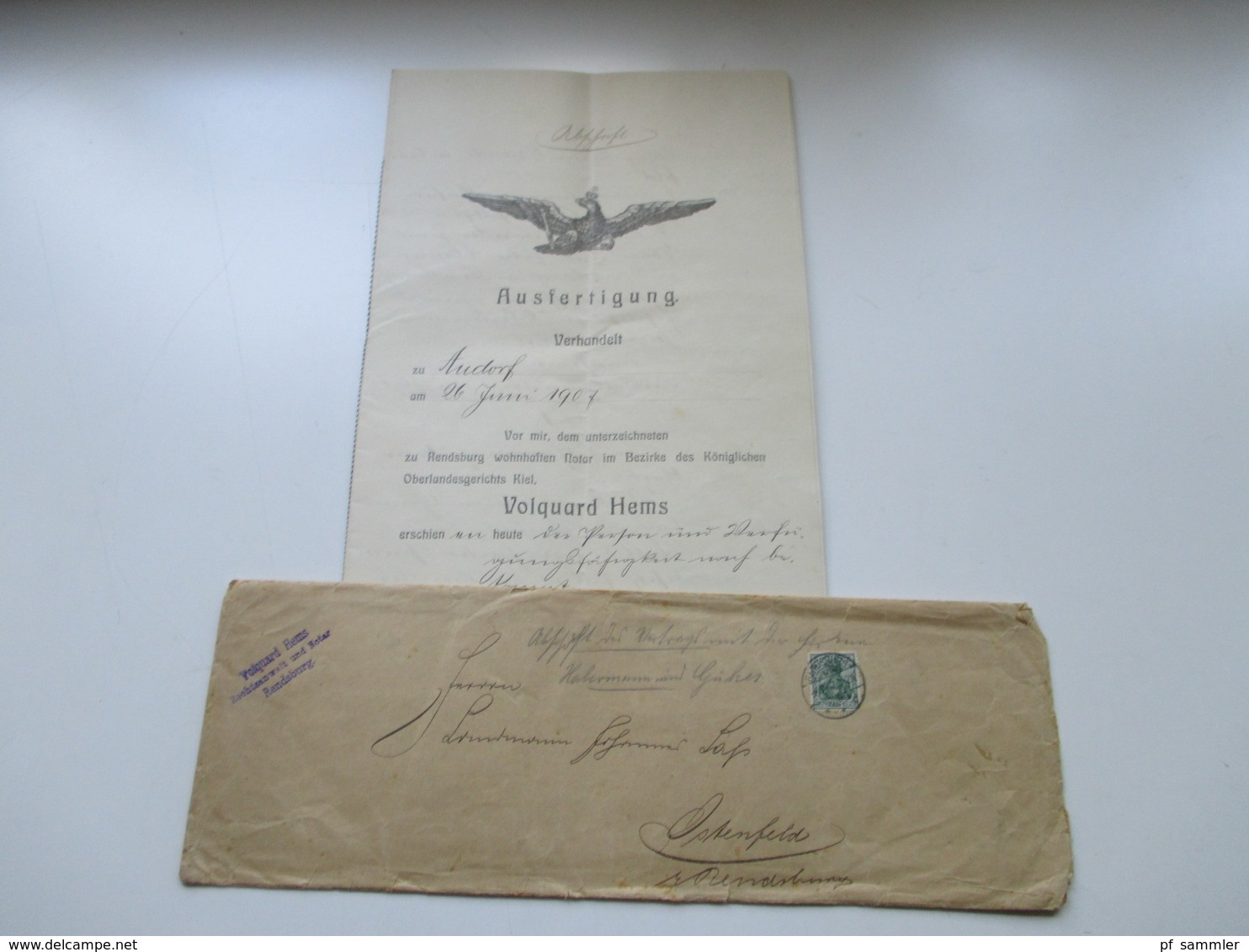 Dokument 1907 Preussischer Hypothekenbrief?! Mit Original Umschlag Germania Marke Rendsburg / Audorf Volquard Hems Notar - Historische Dokumente