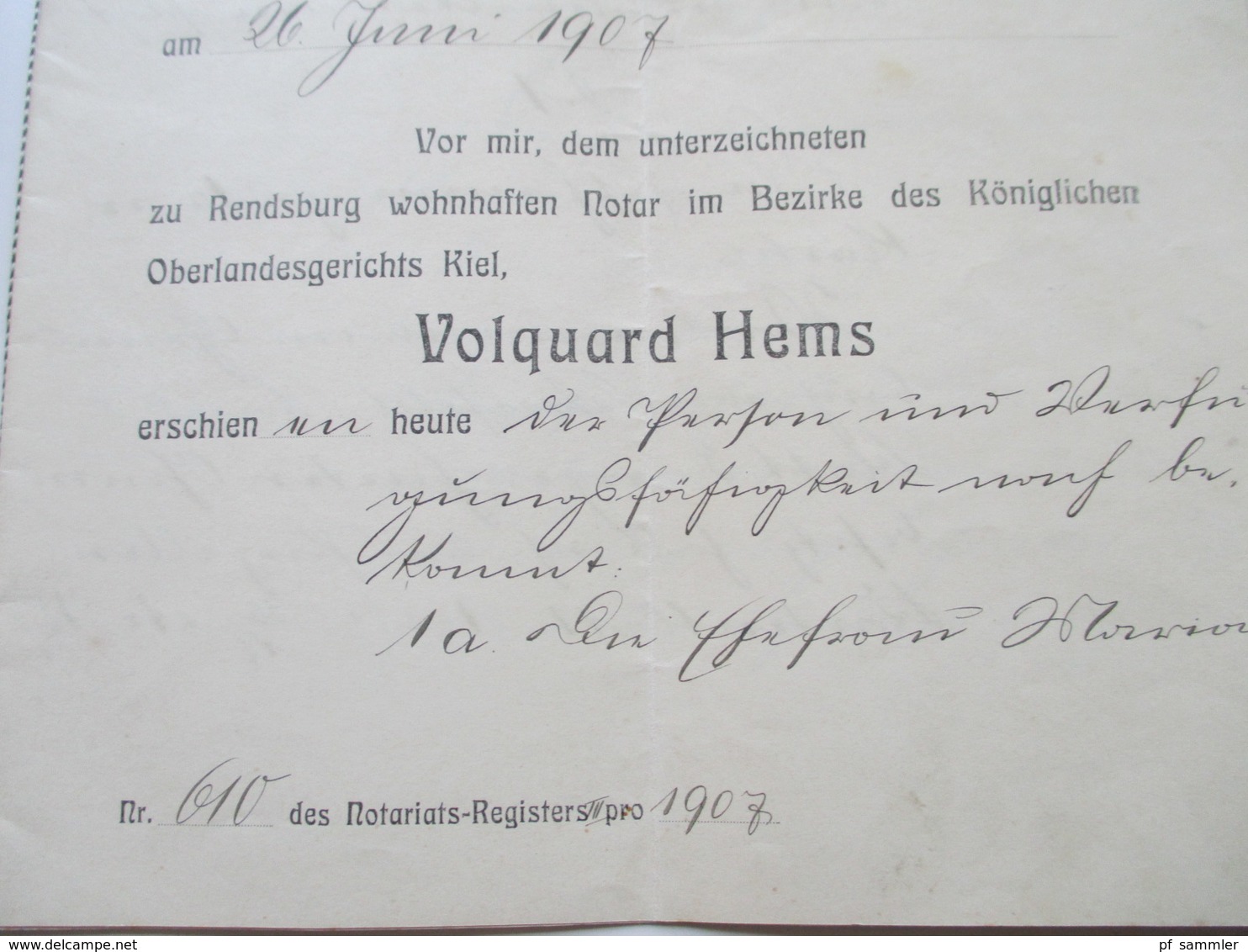 Dokument 1907 Preussischer Hypothekenbrief?! Mit original Umschlag Germania Marke Rendsburg / Audorf Volquard Hems Notar