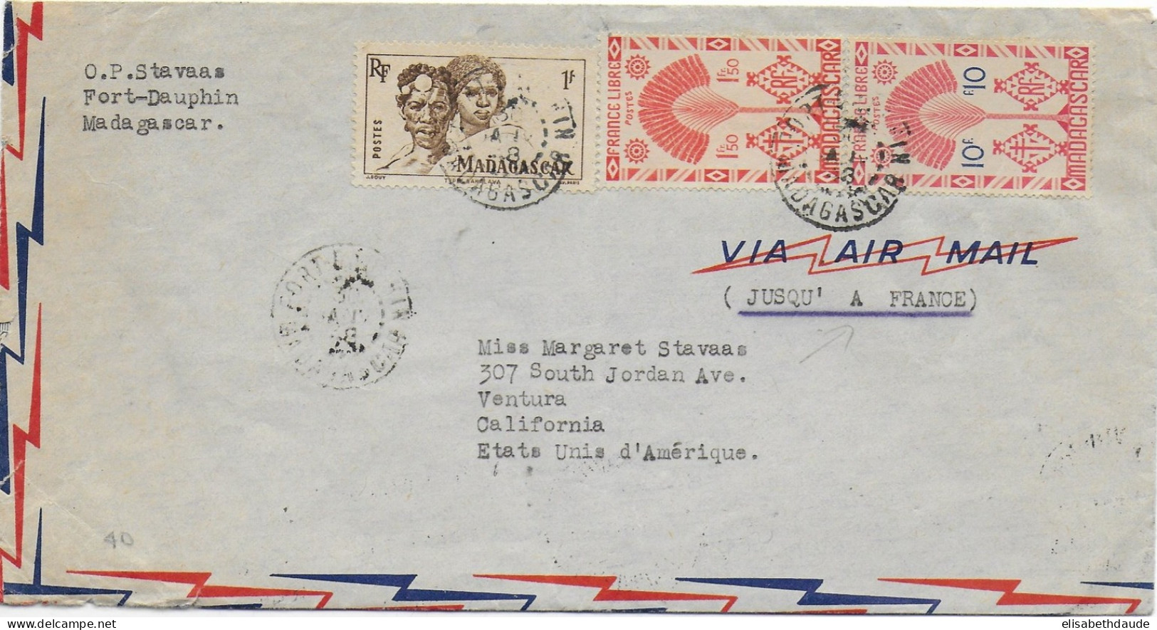 1948 - MADAGASCAR - ENVELOPPE Par AVION De FORT DAUPHIN  => VENTURA (CALIFORNIA USA) - Covers & Documents