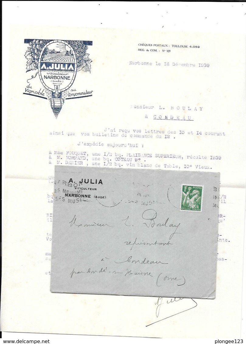 11 - NARBONNE   : Correspondance  Et Enveloppe  A. JULIA, Viticulteur, - 1900 – 1949