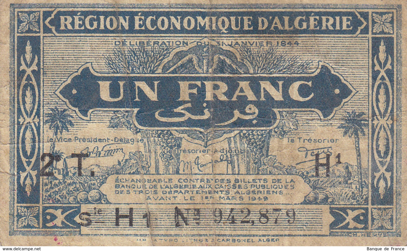 Région économique D' ALGERIE Billet 1 Et 2 F Du 31 Janvier 1944 P.101 Et P.102 - Chambre De Commerce