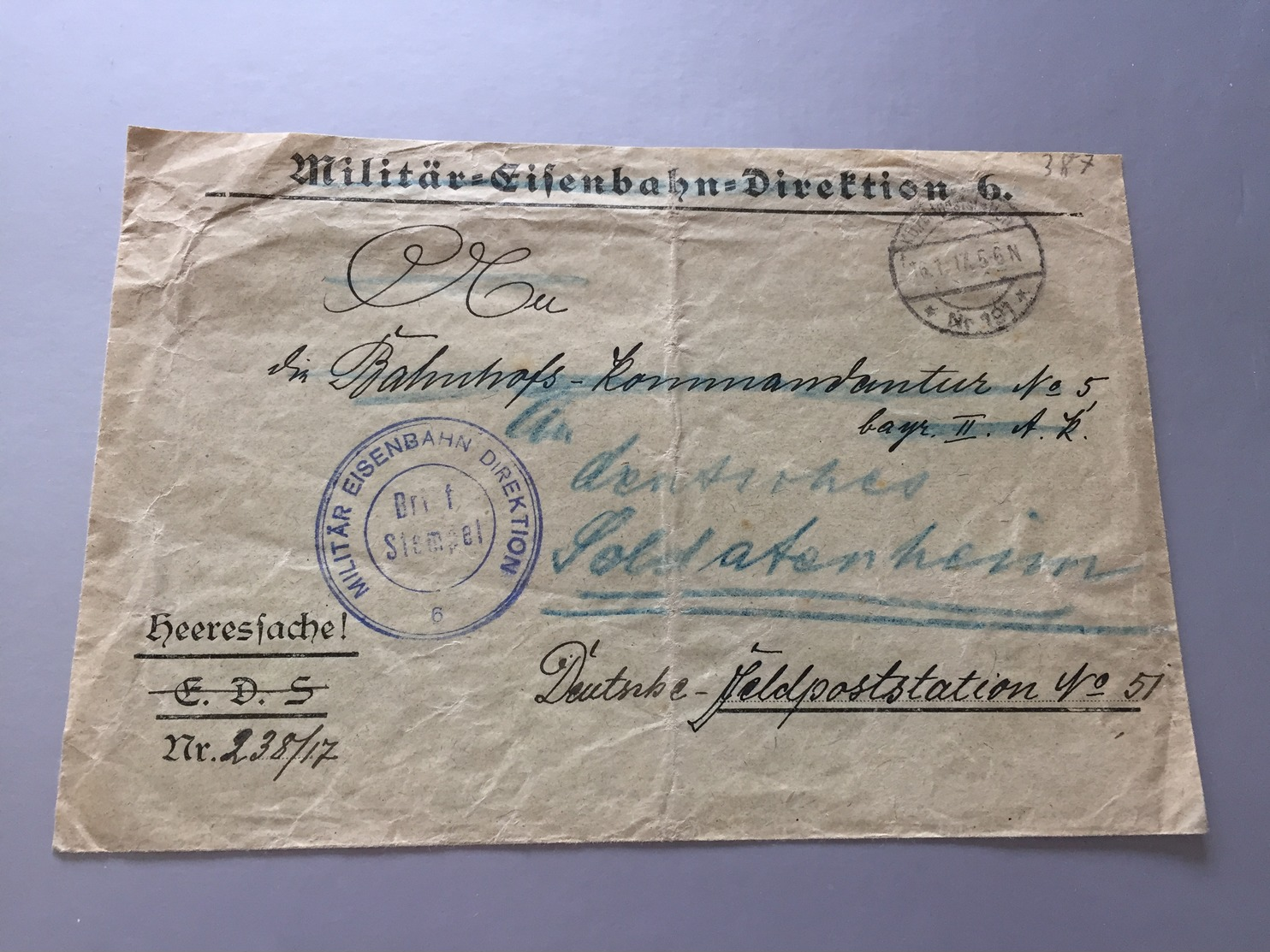 Feldpost 1.WK 1917 MILITÄR EISENBAHN DIREKTION 6 - Briefe U. Dokumente