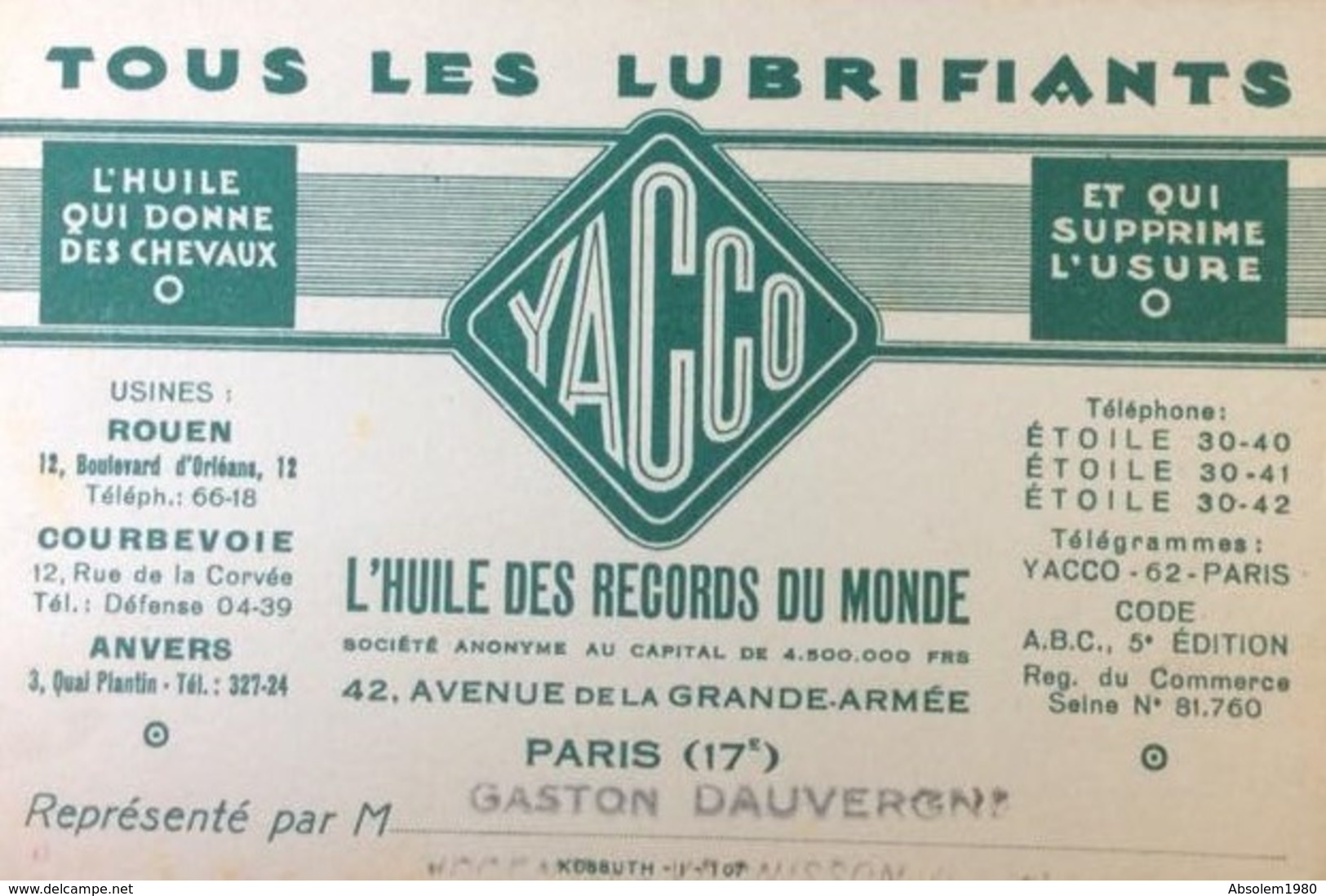 ANCIENNE CARTE VISITE YACCO HUILE AUTOMOBILE AVENUE GRANDE ARMEE PARIS 75017 AUTOMOBILES CAR - Arrondissement: 17