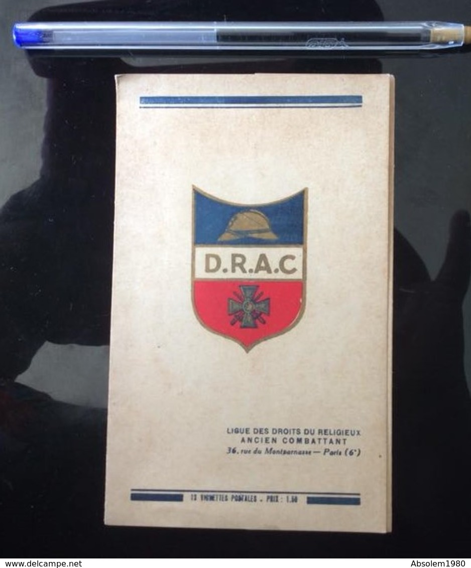 1930 CARNET DRAC 12 VIGNETTES ANCIEN COMBATTANT LIGUE DROITS RELIGIEUX VIGNETTES POSTALES - Military Heritage