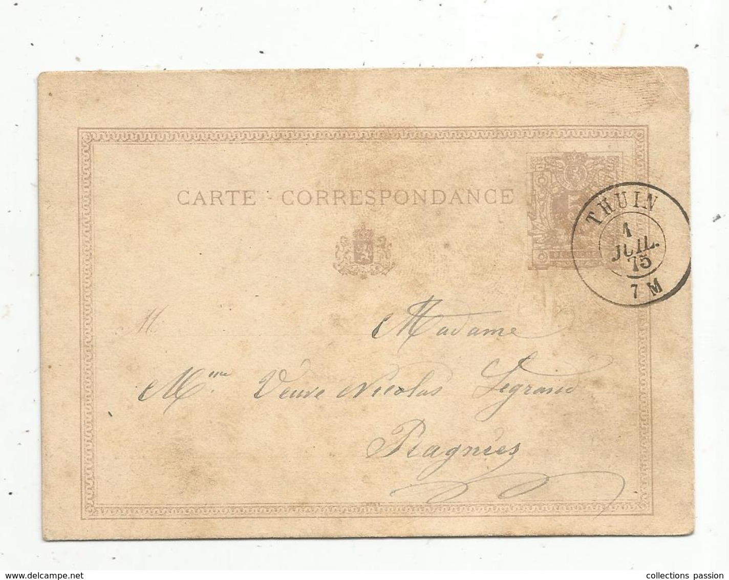 Entier Postal , Belgique, Carte Postale, THUIN , 1875 , 2 Scans - Cartes Postales 1871-1909