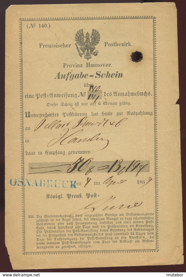 1867 OSNABRÜCK Aufgabe-Schein Provinz Hannover,Loch Durch Tintenfraß - Vorphilatelie