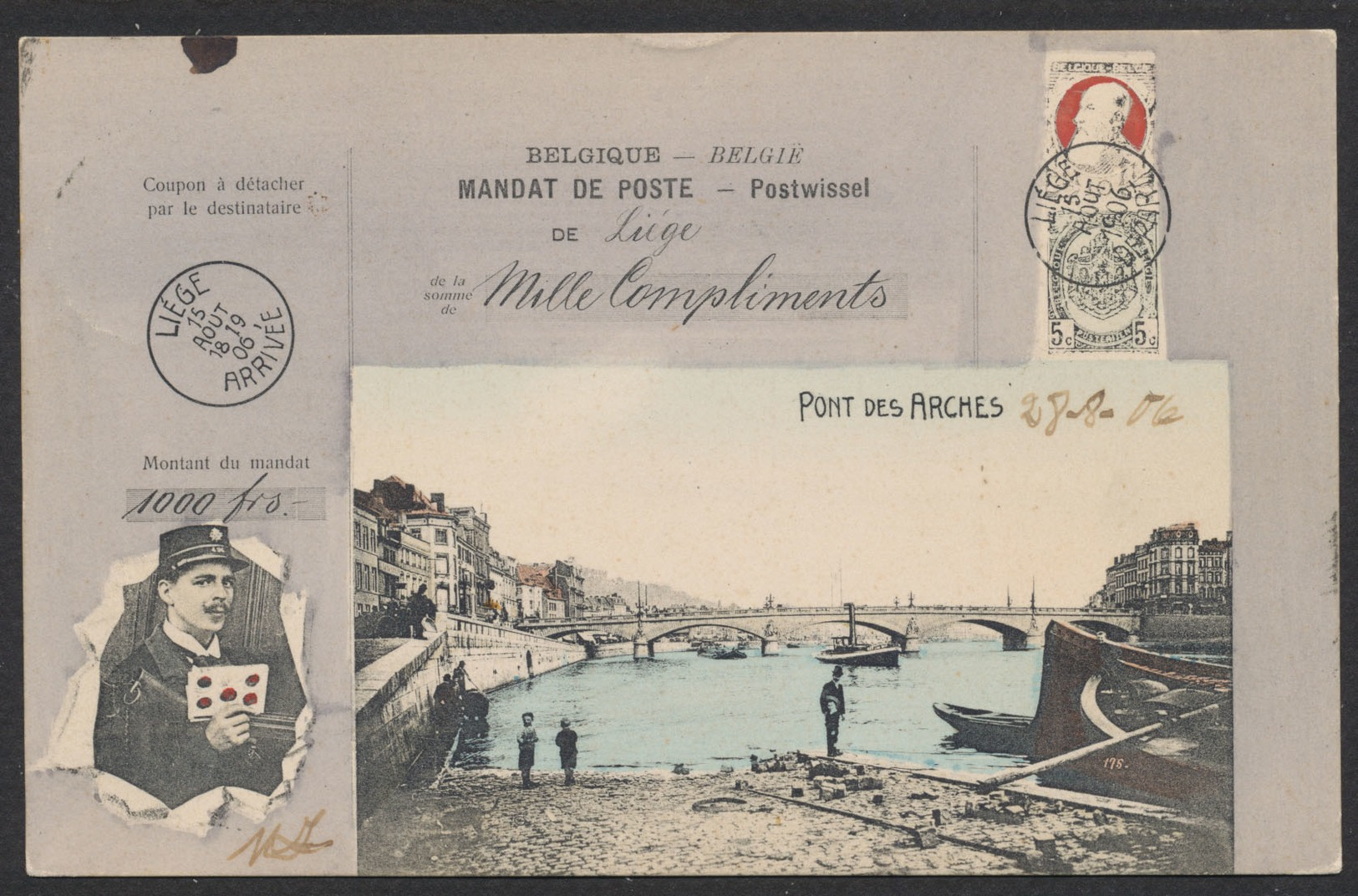 Carte Postale - Mandat De Poste De Liège (Pont Des Arches). Thématique Facteur / Voyagée. - Liege