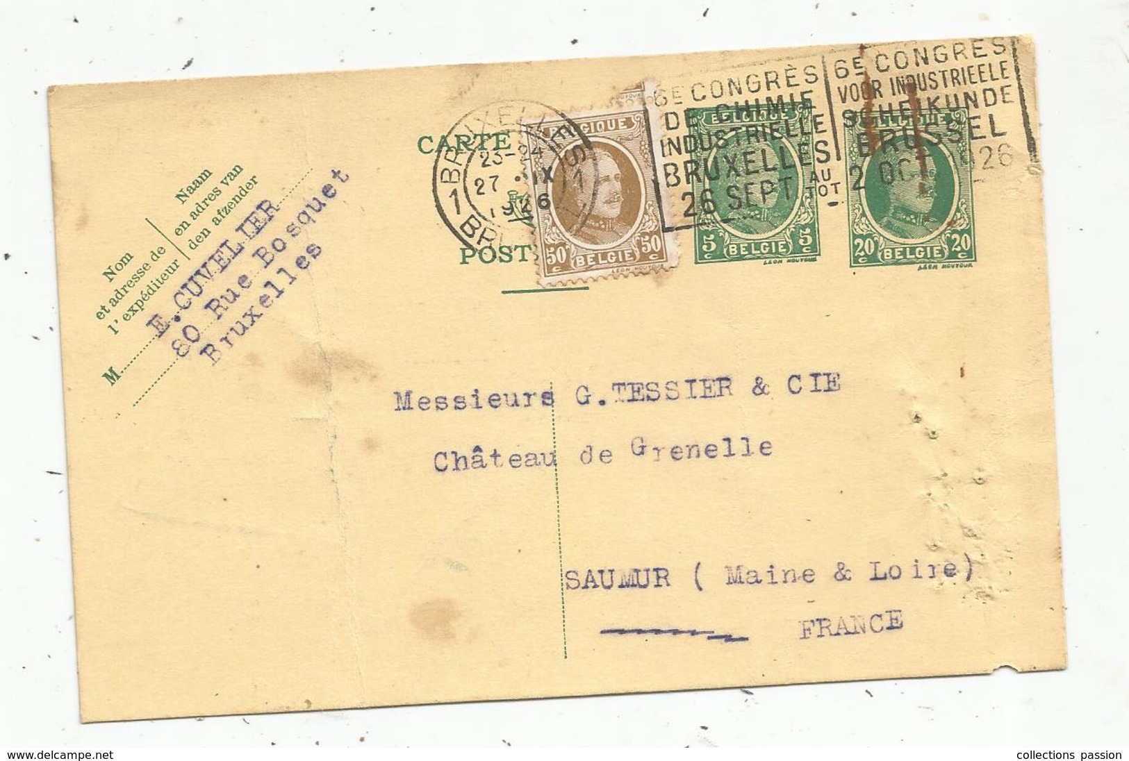 Entier Postal , Belgique, Carte Postale,  BRUXELLES 1 , 1926 , 2 Scans - Postkarten 1909-1934