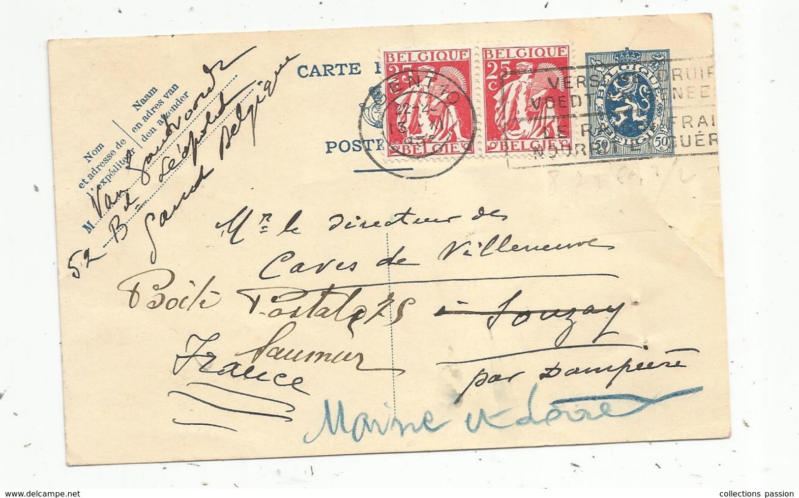 Entier Postal , Belgique, Carte Postale,  GENT 10 , + 2 Timbres , 1936 , 3 Scans - Cartoline 1934-1951
