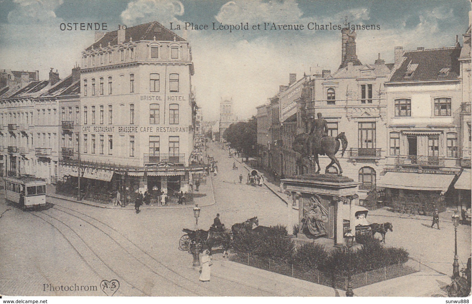 Ostende - La Place Léopold Et L'Avenue Charles Jansens (animation, Brasserie Hôtel Colorisée Tram Tramway Photochrom '13 - Oostende