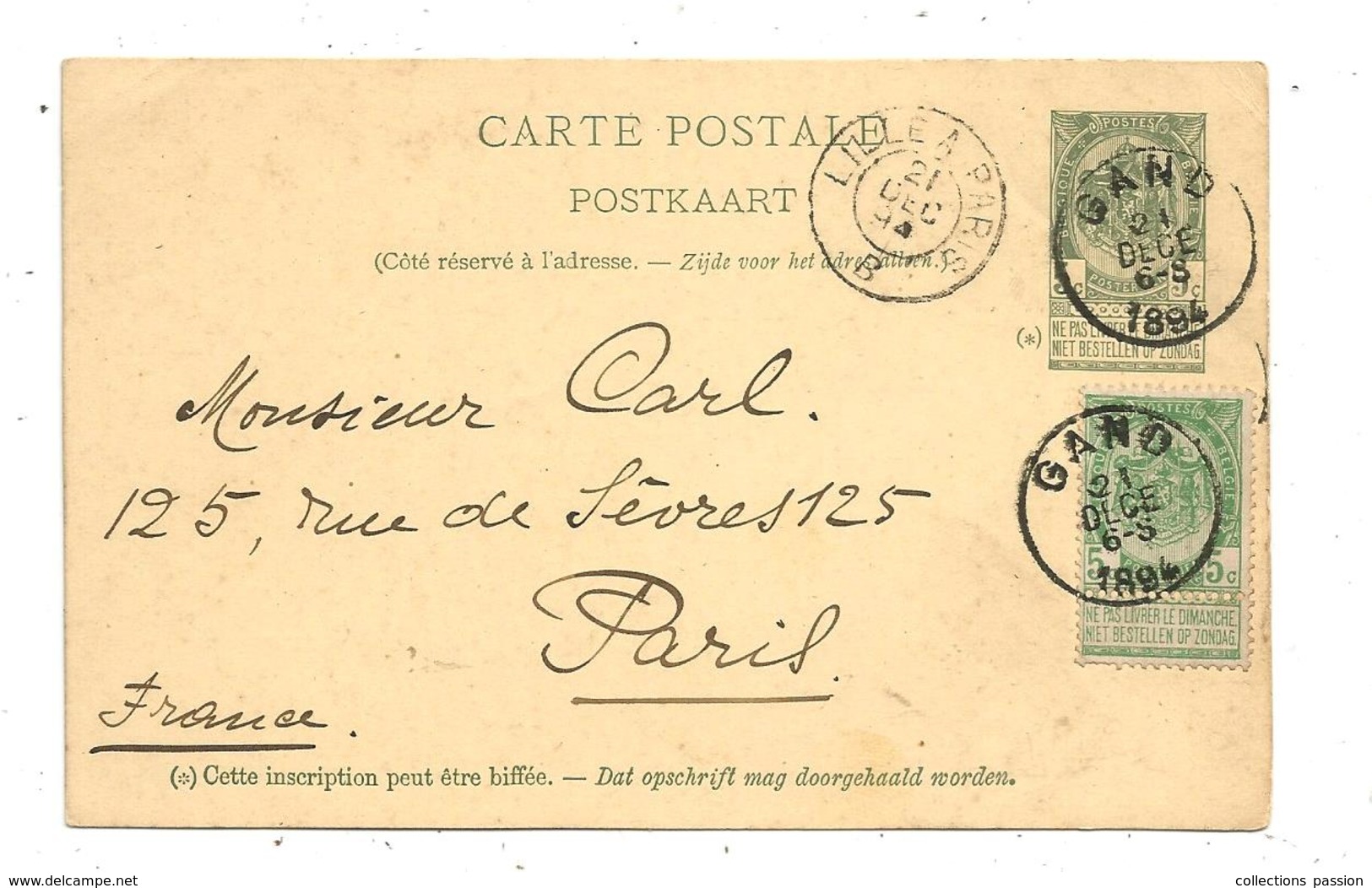 Entier Postal , Belgique, Carte Postale,  GAND , LILLE A PARIS ,1894 , 2 Scans - Cartes Postales 1871-1909
