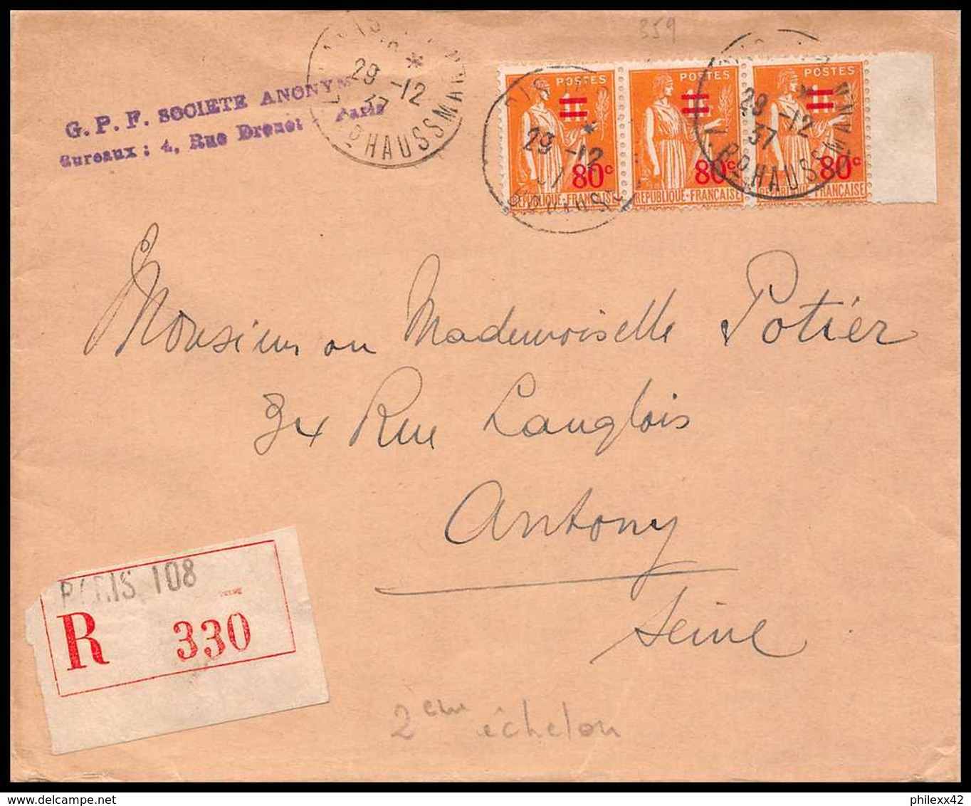 9471 Entete Gpf Paris N°359 Paix X3 Bande 1937 Pour Anthony Seine France Lettre Cover - 1921-1960: Période Moderne