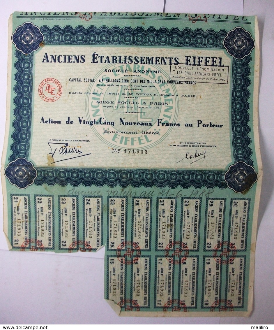 1960 Anciens Etablissements EIFFEL - Action De 25 Nouveaux Francs Au Porteur - D - F