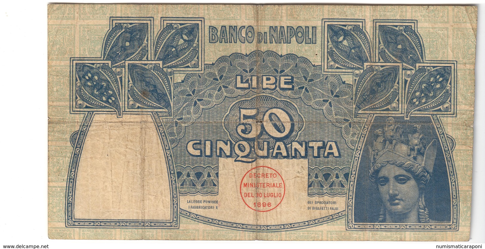 50 Lire Banco Di Napoli 13 12 1914  Naturale Mb/bb Foro Centrale LOTTO 2474 - Other & Unclassified