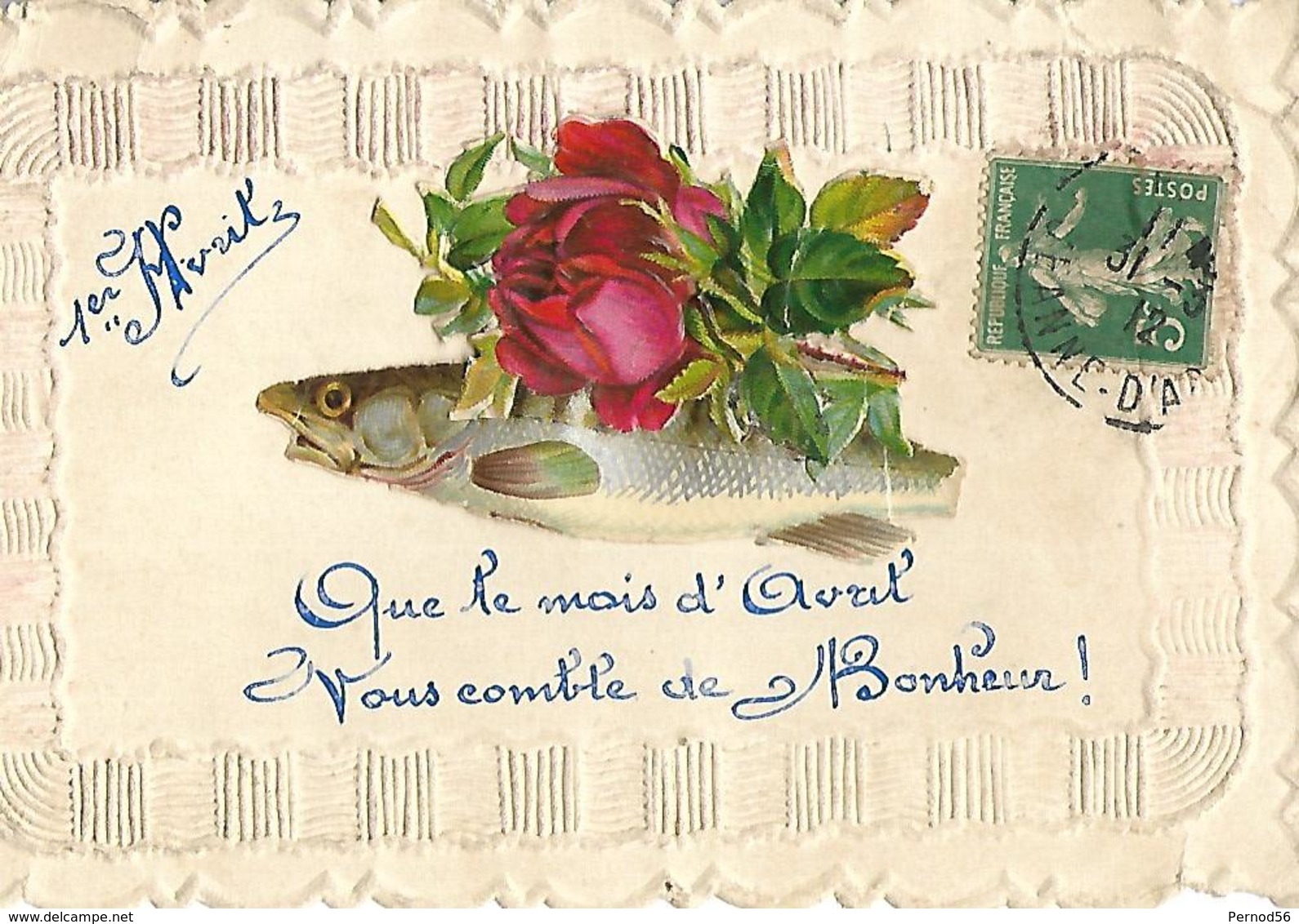 Carte Gauffrée" 1er Avril Avec Chromo De Poisson" Belle Carte - Other & Unclassified