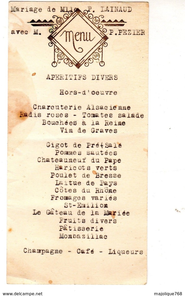 Menu De Mariage De Mlle P. Lainaud Avec M. P. Pezier - - Menus