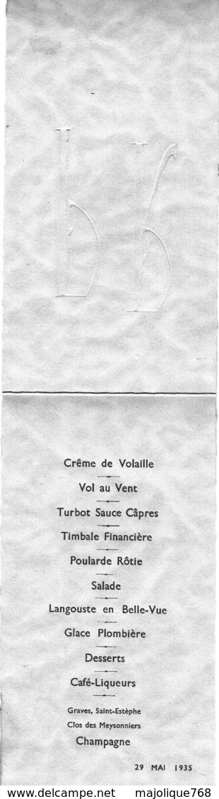 Menu Le 29 Mai 1935 - - Menu