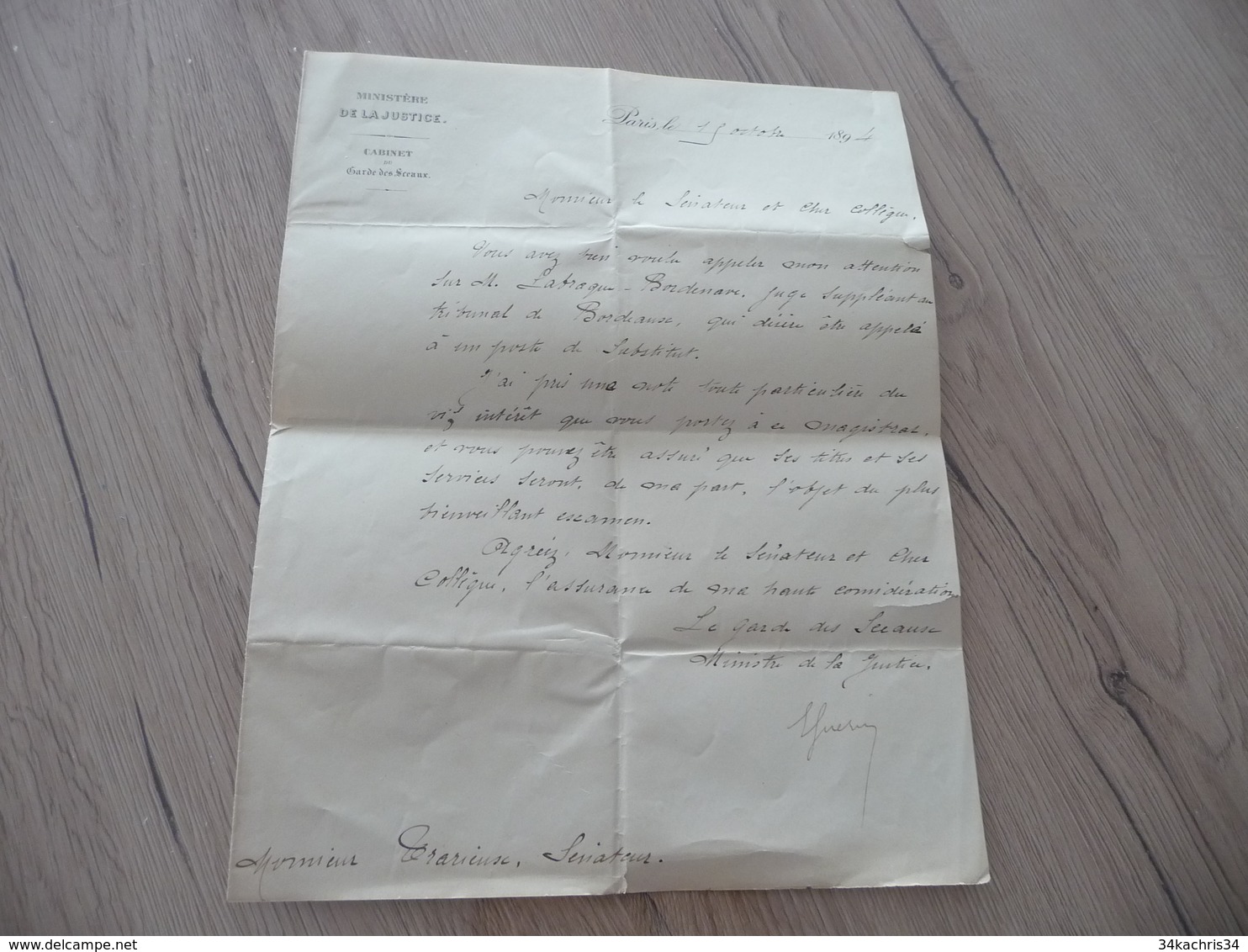 LAS Autographe Signée 15/10/1894 Eugène Guérin Sénateur Vaucluse Recomandations D'un Juge - Autres & Non Classés