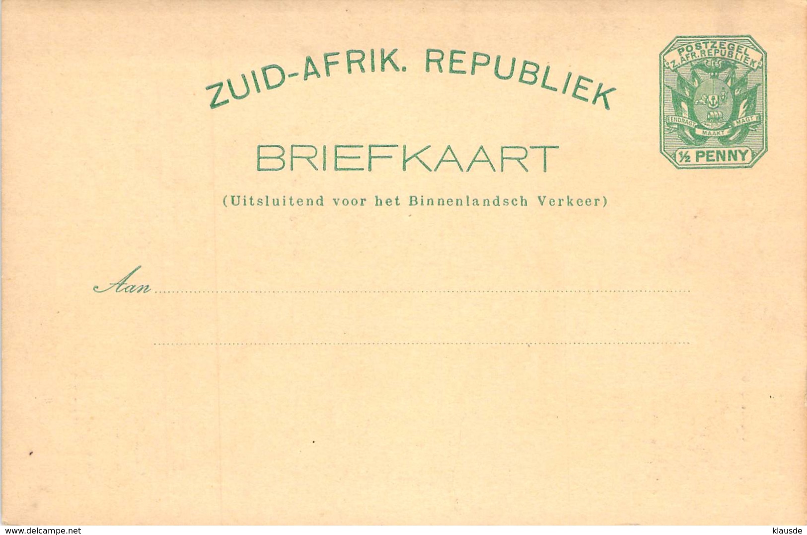 Zuid-Afrik. 1/2 Penny Briefkaart Blanc - Neue Republik (1886-1887)