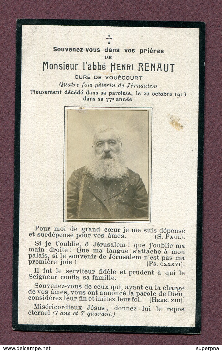 VOUECOURT  (52) : L'ABBE Henri RENAUT  (avec Photo)  1913 - Devotieprenten