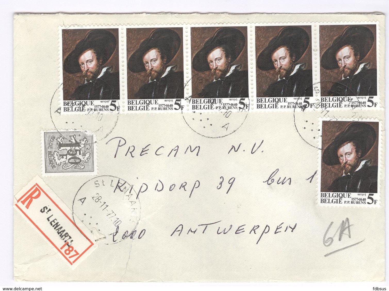 1977 Registered, Recommandée, Aangetekend, Einschreiben, Mooie Enveloppe Van St. Lenaarts - 6 X Rubens 5f - Briefe U. Dokumente