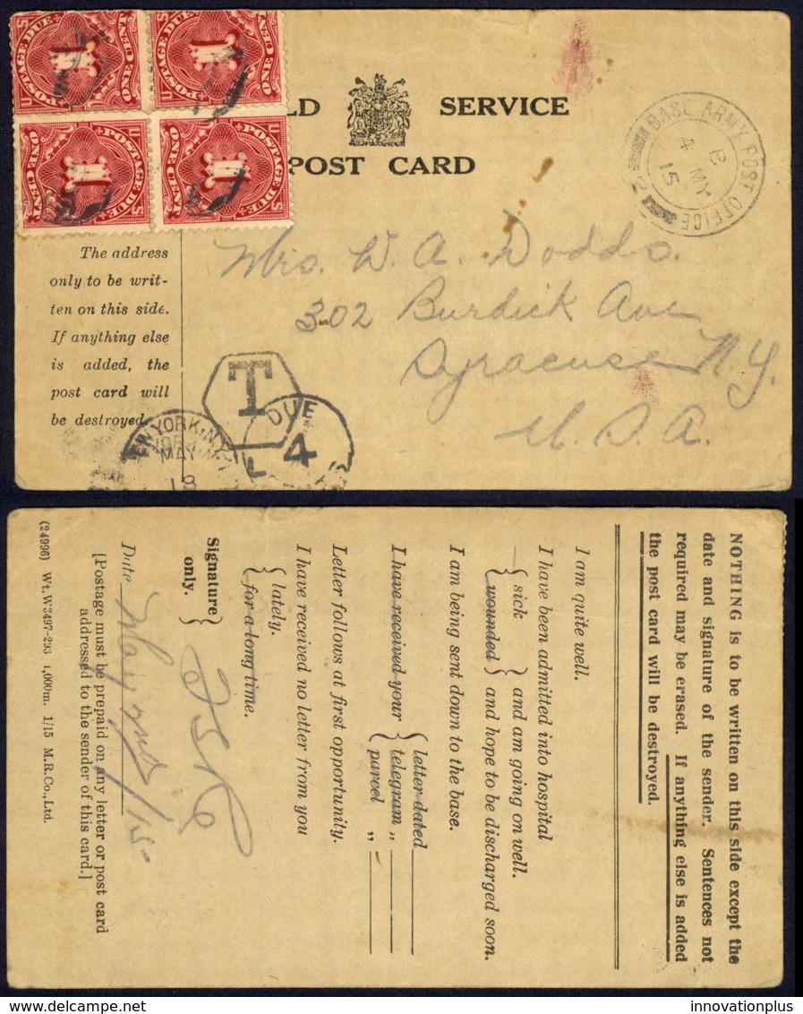 Great Britain Used To Syracuse, NY (4¢ US Postage Due) 1915 5.4 Field Service Post Card - Service