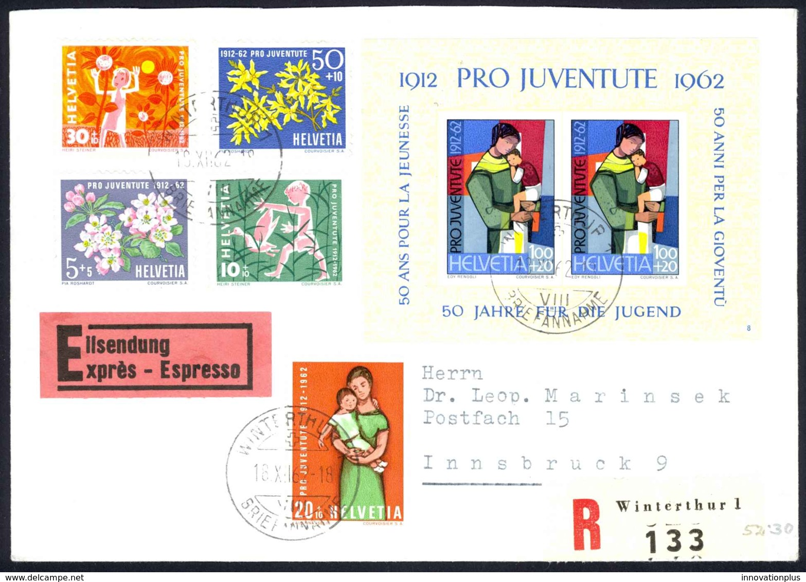 Switzerland Sc# B318-B323 FDC (b) REGISTERED 1962 Apple Blossoms & Children - Covers & Documents