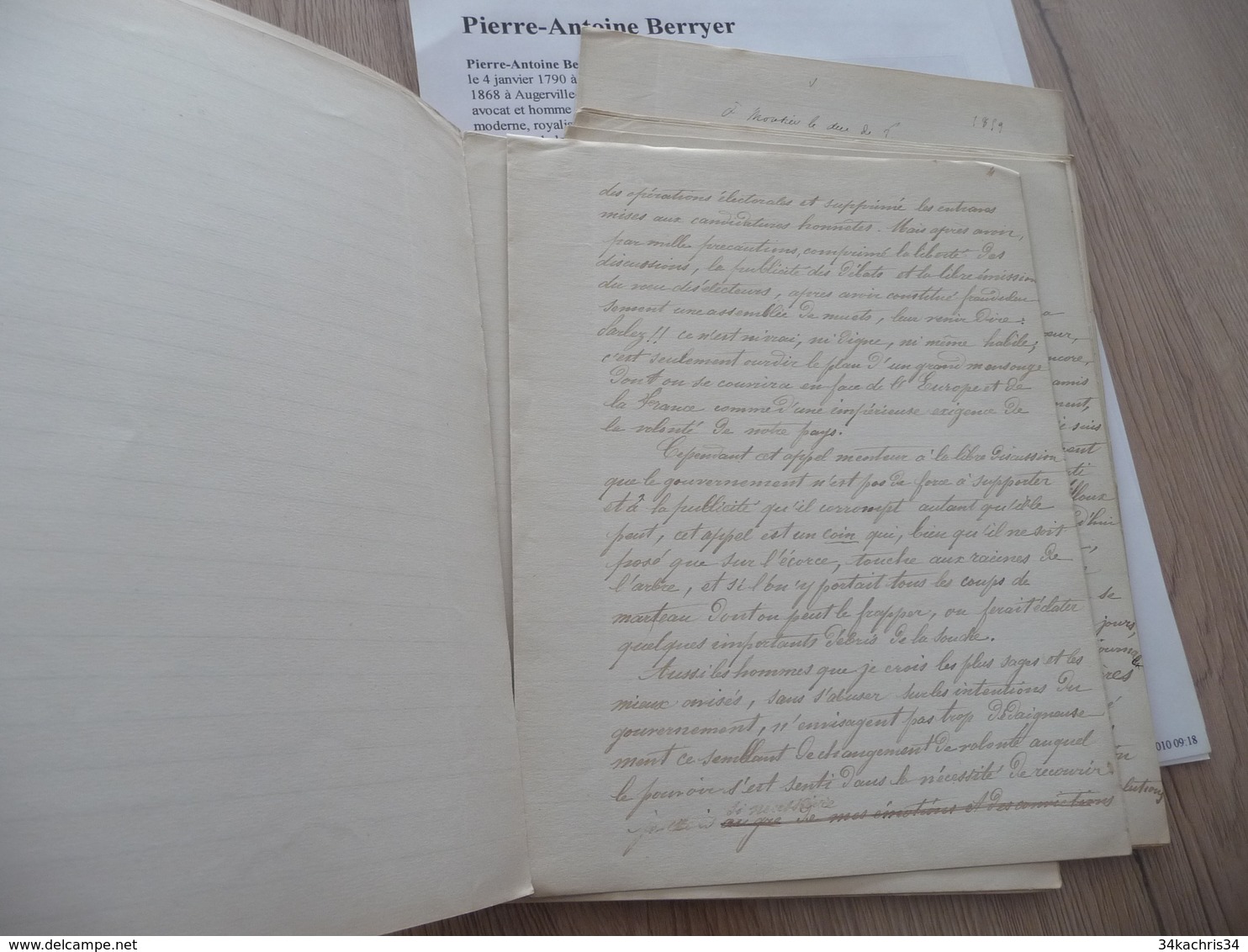Pierre Antoine Berryer Avocat Politique Légitimiste Manuscrit Signé De 27 Pages Lettres Corrigées à Des Personnalités - Manuscrits