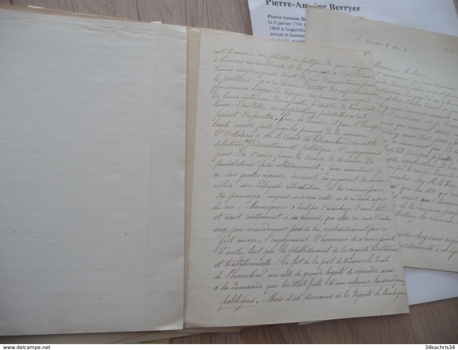 Pierre Antoine Berryer Avocat politique légitimiste Manuscrit signé de 27 pages lettres corrigées à des personnalités