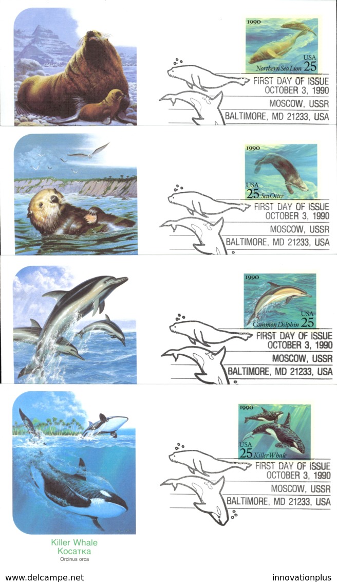 USA Sc# 2508-2511 (Fleetwood) FDC Set/4 (Baltimore, MD) 1990 10.3 Marine Mammals - 1991-2000