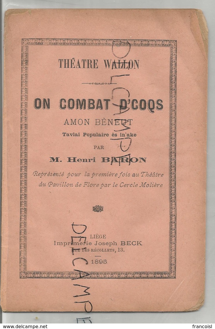 Théâtre Wallon. On Combat D'coqs.  Par Henri Baron - Théâtre