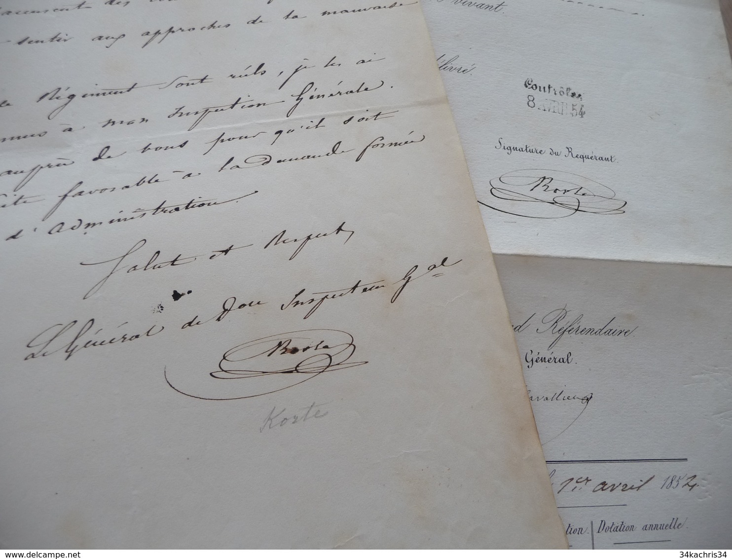 Général Korté 1 LAS 05/10/1848 Effets Régiment De Cavalerie + Certificat De Vie Le Nommant Du Sénat 08/04/1854 - Dokumente
