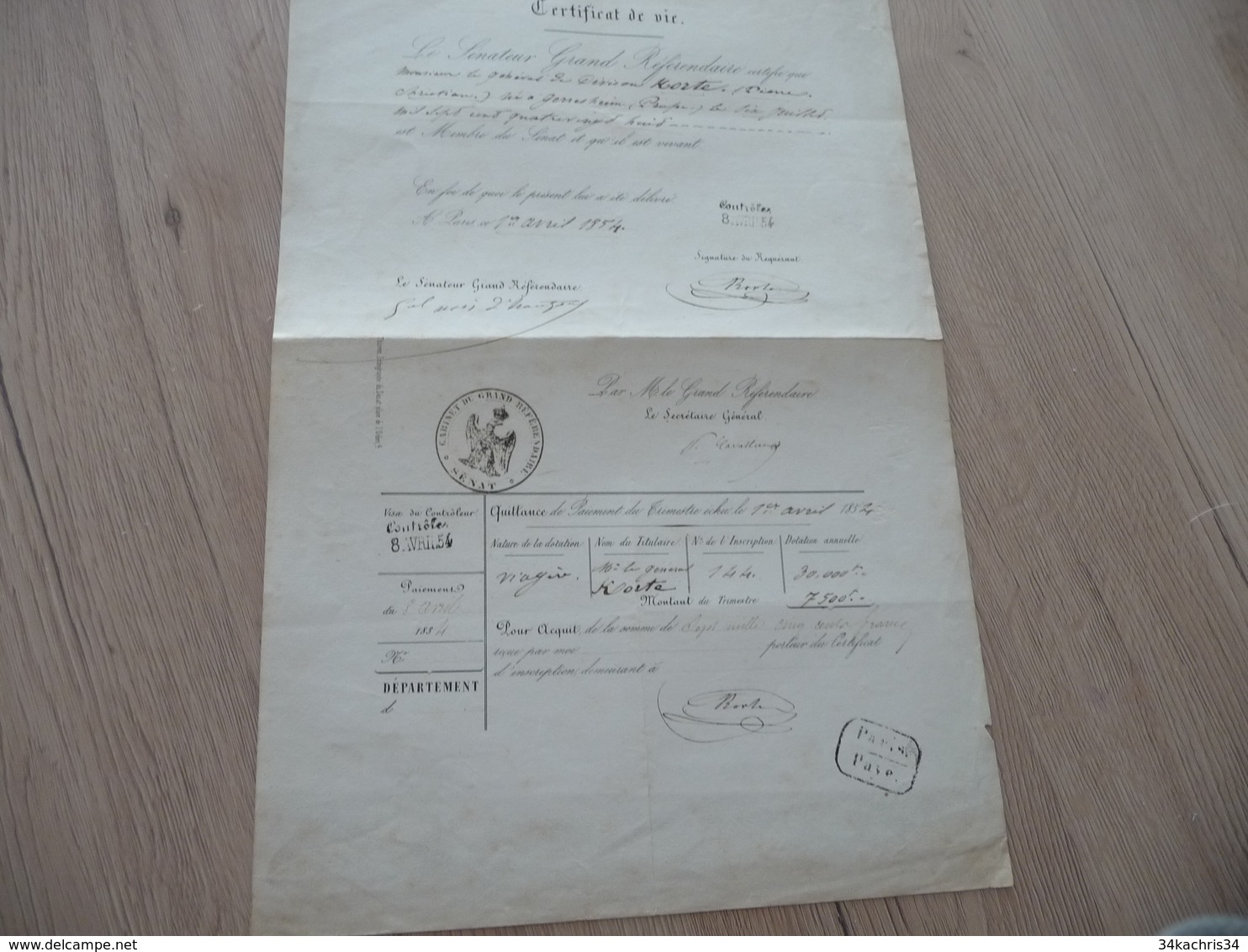 Général Korté 1 LAS 05/10/1848 Effets Régiment De Cavalerie + Certificat De Vie Le Nommant Du Sénat 08/04/1854 - Documenten