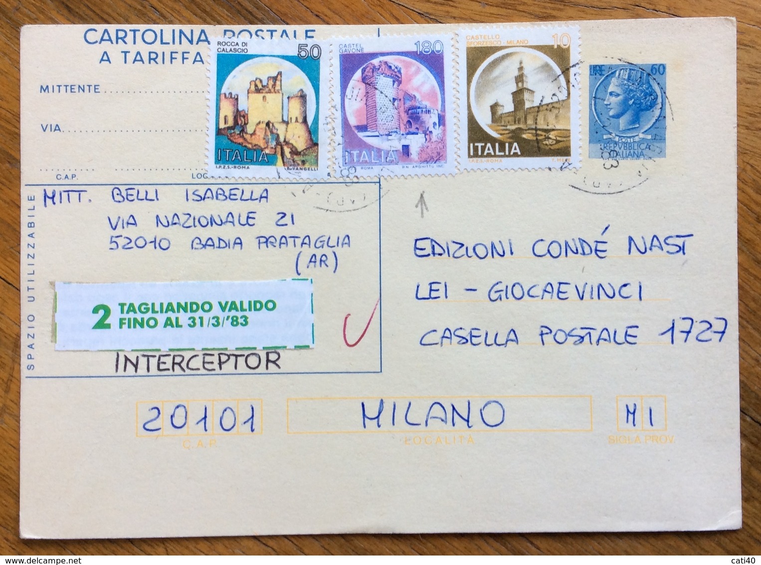 CARTOLINA POSTALE TARIFFA RIDOTTA L. 60 + CASTELLI 10+50+180  VIAGGIATA IL 7/9/83 - Stamped Stationery