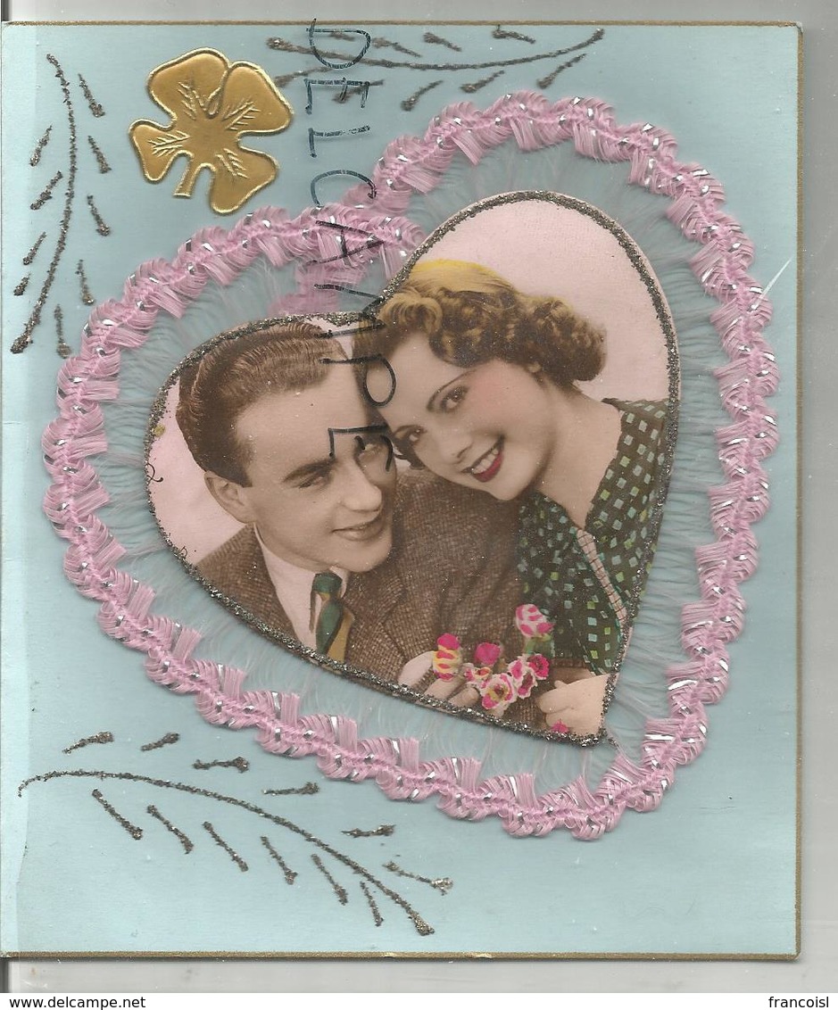 Collage De Couple Dans Un Cœur. Broderie, Paillettes, Trèfle Doré:"Mon Plus Doux Souvenir, Mes Meilleures Pensées ..." - Brodées