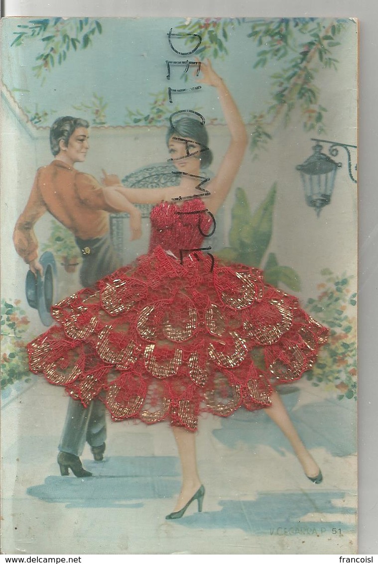 Couple De Danseurs. Robe Brodée.Signée V. Cegarra P. - Brodées