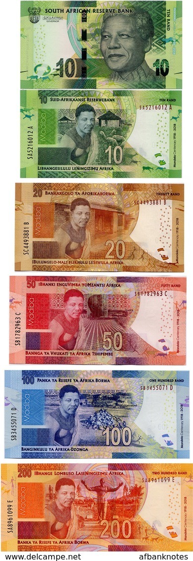 SOUTH AFRICA       Set 10-20-50-100-200 Rand      Comm.      P-New       ND (2018)       UNC - Suráfrica