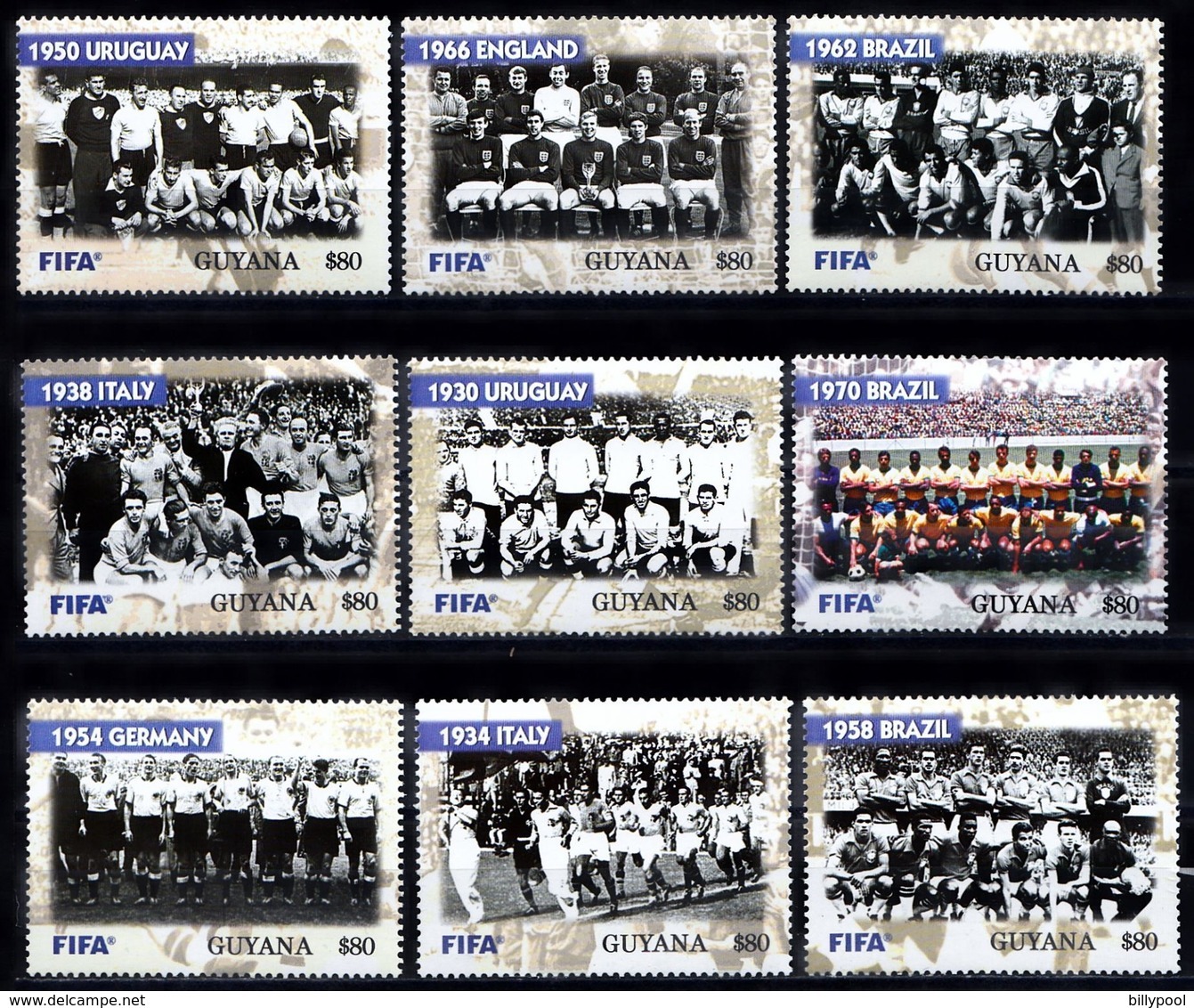 GUYANA  2004  Soccer Football  100 Years Of FIFA, World  Champions 1930-1970,  9v. Perf. - Autres & Non Classés