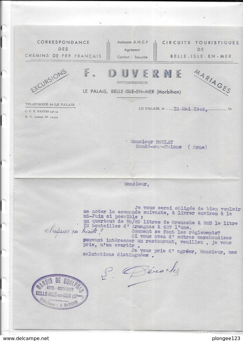 56 - BELLE ISLE EN MER : Correspondance Chemins De Fer Français, F. DUVERNE, Entrepreneur, Excursions, Mariages, - 1900 – 1949