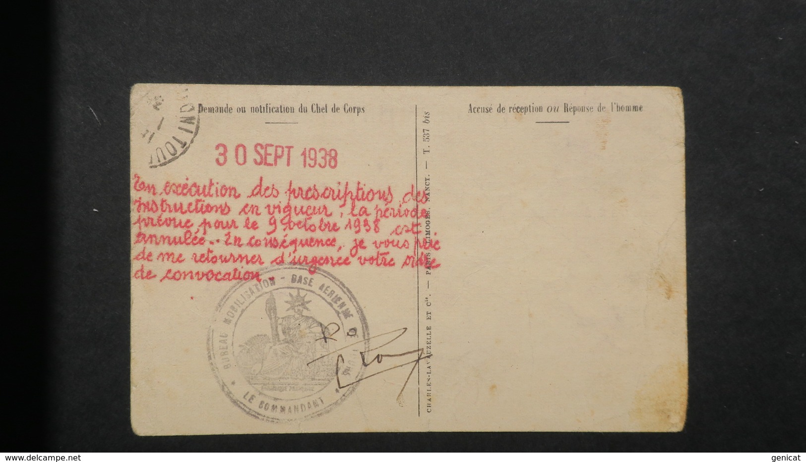 Carte Formulaire Service Militaire Pour Annulation De Convocation Suite Aux Accords De Munich 30 Septembre 1938 - Guerre De 1939-45