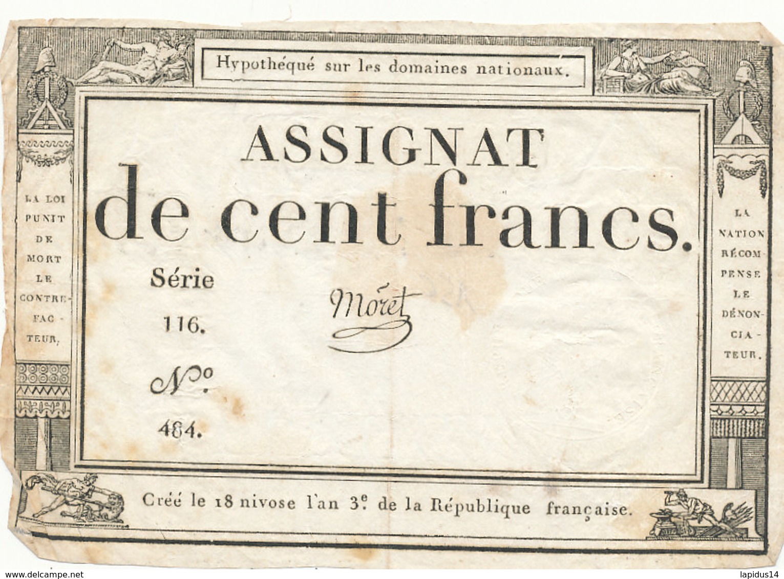 ASSIGNAT DE CENT FRANCS L'AN 3 - Assignats