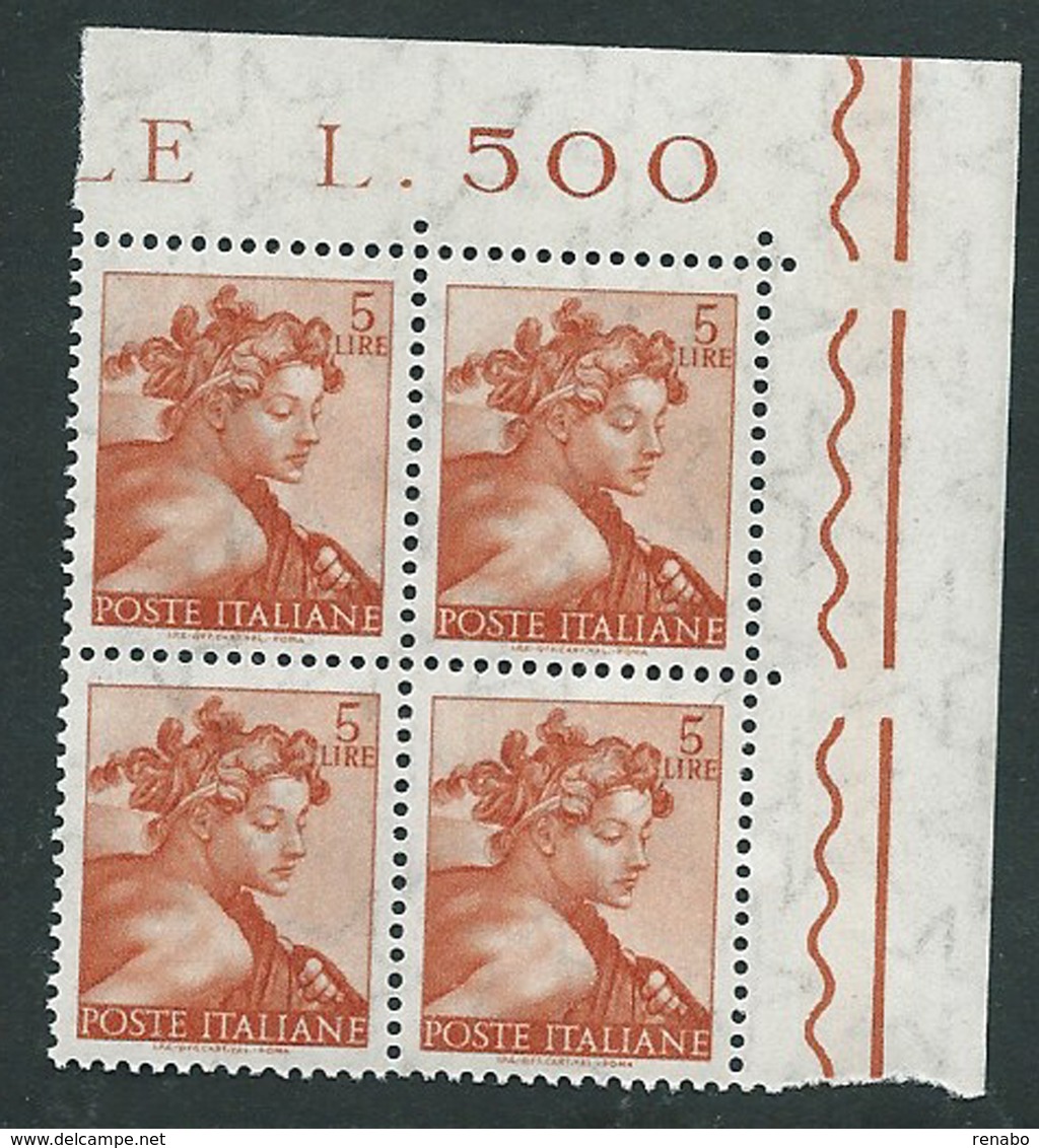 Italia 1961; Michelangiolesca: Lire 5, Testa Degli "Ignudi"; Quartina D' Angolo. - 1961-70: Mint/hinged