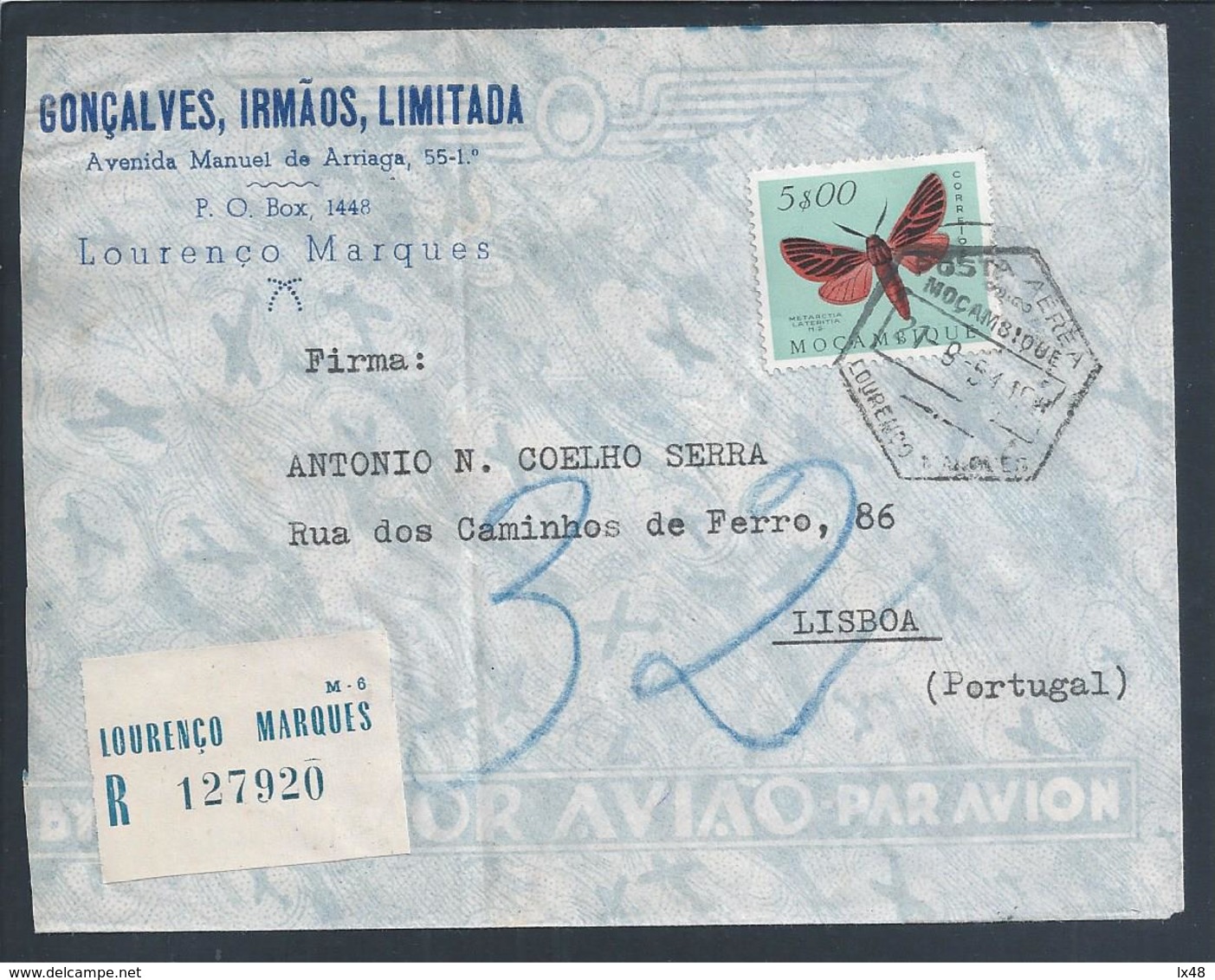 Metarctia Lateritia.Registered Letter Airmail Lourenço Marques 1951. Hexagonal Obliteration.Butterfly.Schmetterling.Rare - Papillons